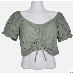 SO Puff Sleeve Eyelet Cinch Tie Front Crop Top Sage Green size L